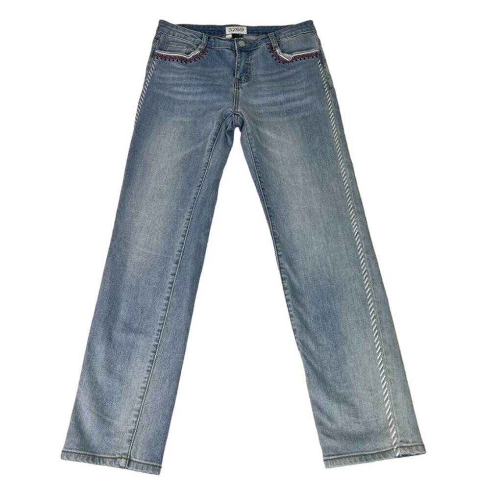 iRoo Jeans Women's Size 38 Straight Leg Embroidered Jeans Blue Light Wash